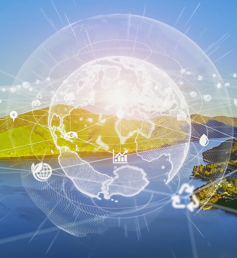 A digital representation of Earth with icons symbolizing sustainability, interconnectedness, and nature over a scenic landscape.