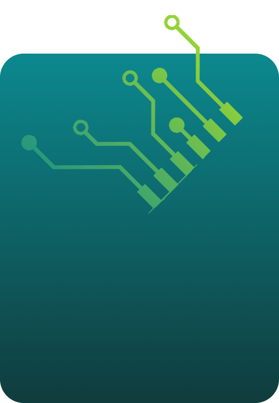 A stylized illustration of a green circuit board with interconnected lines and nodes on a gradient blue background.
